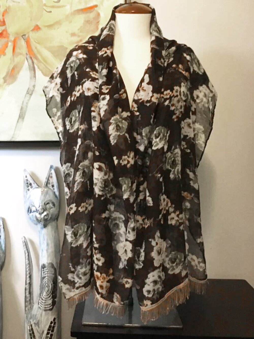 Large Voluminous Semi Sheer Tasseled Floral Scarf Brown Sage